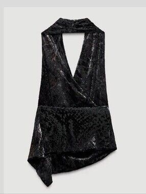 Zara Black Crushed Velvet Halter Top Asymmetrical Hem Size Small